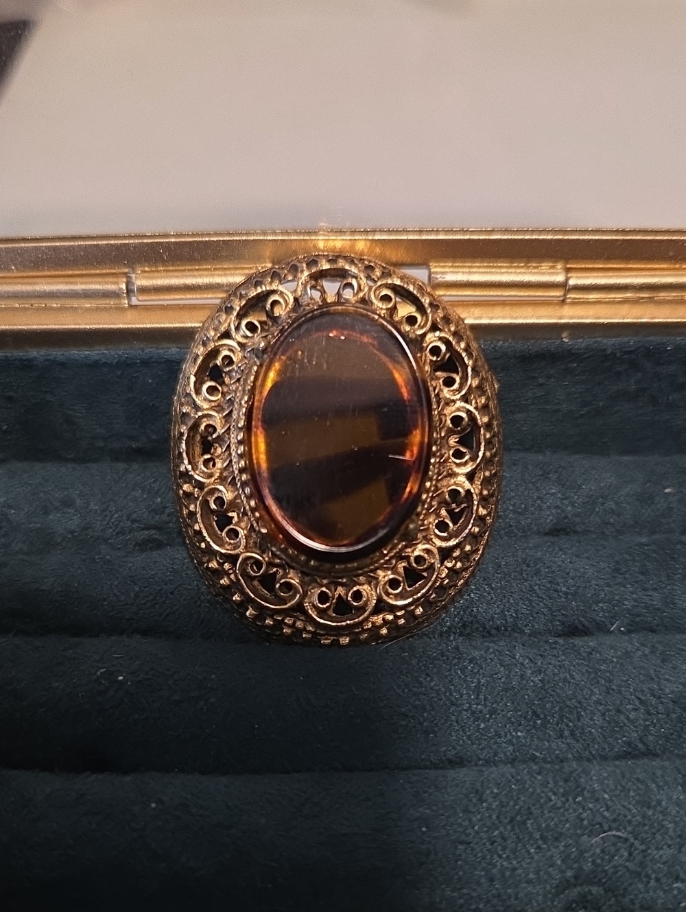 Vintage Gold Statement Ring with Amber Coloured Glass Cabochon